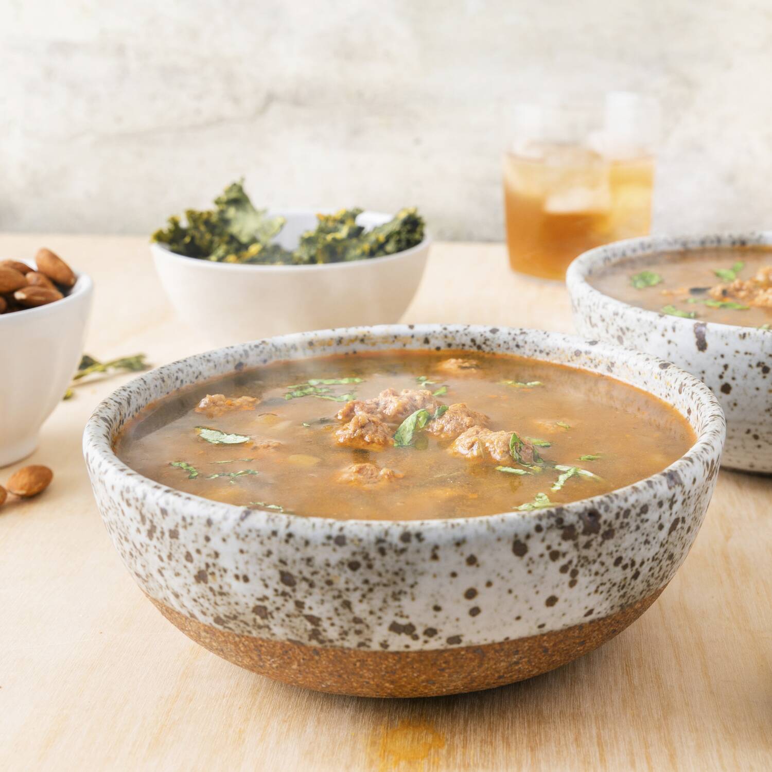 Beef and Mushroom soup in bowl with steam