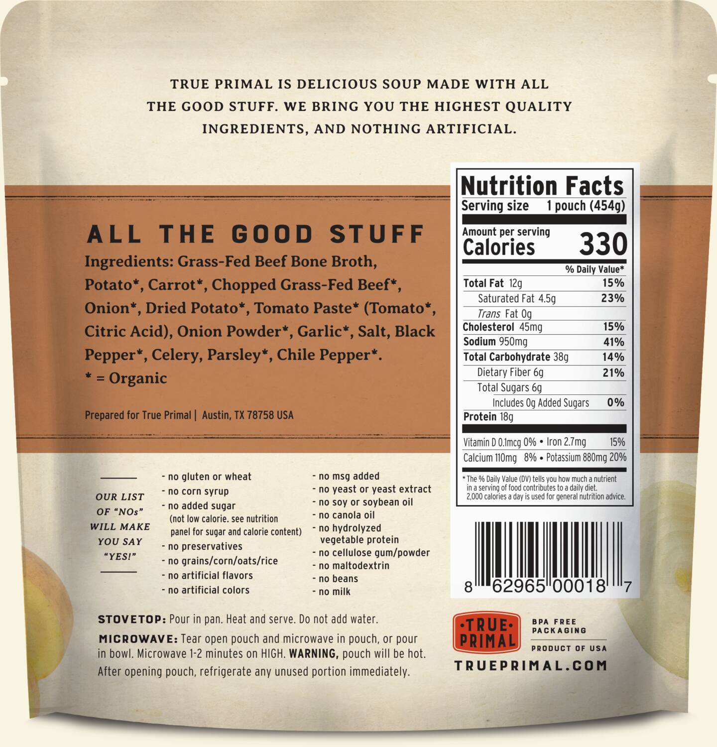 True Primal Beef & Potato Soup in pouch, back. UPC: 862965000187.