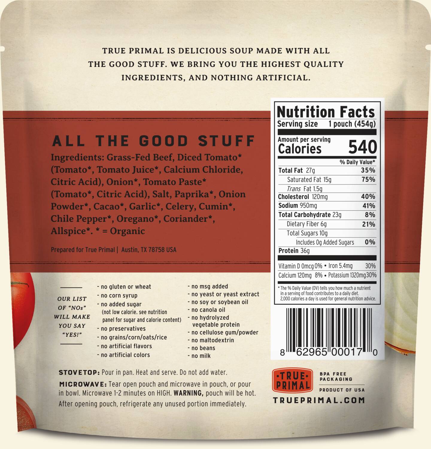 True Primal Beef Chili in pouch, back. UPC: 862965000170.