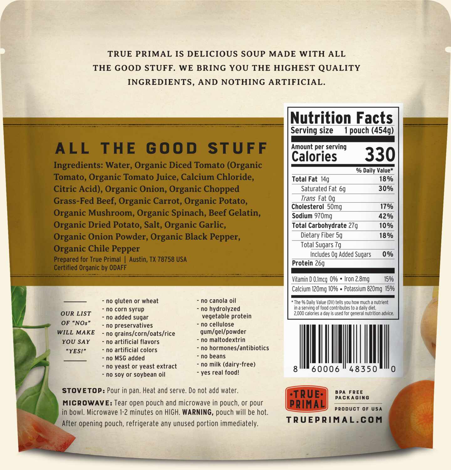 True Primal Hearty Beef Organic Soup in pouch, back of label. UPC: 860006483500.