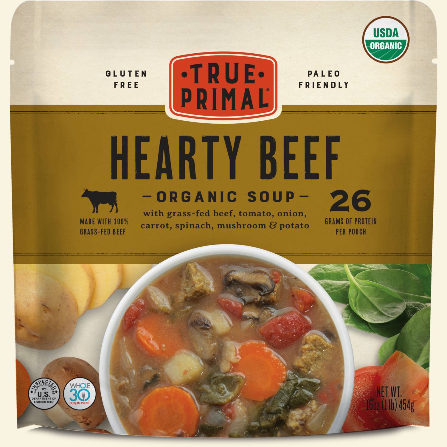 True Primal Hearty Beef Organic Soup in pouch, front