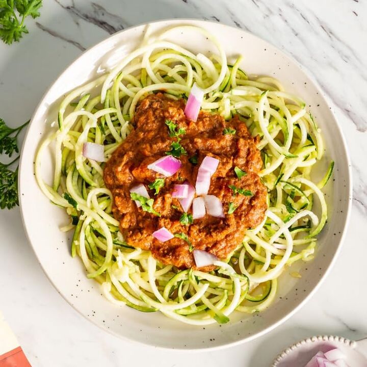 zucchini noodles topped with chili