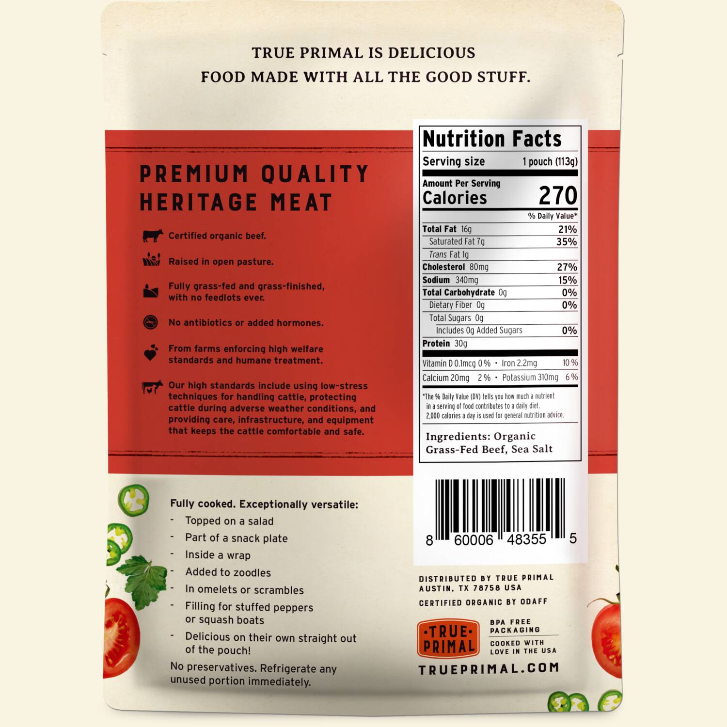 True Primal Grass-fed Beef Mini Meatballs in pouch, back