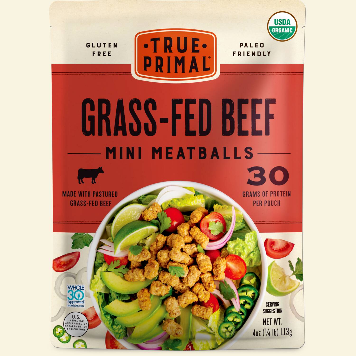 True Primal Grass-fed Beef Mini Meatballs in pouch, front