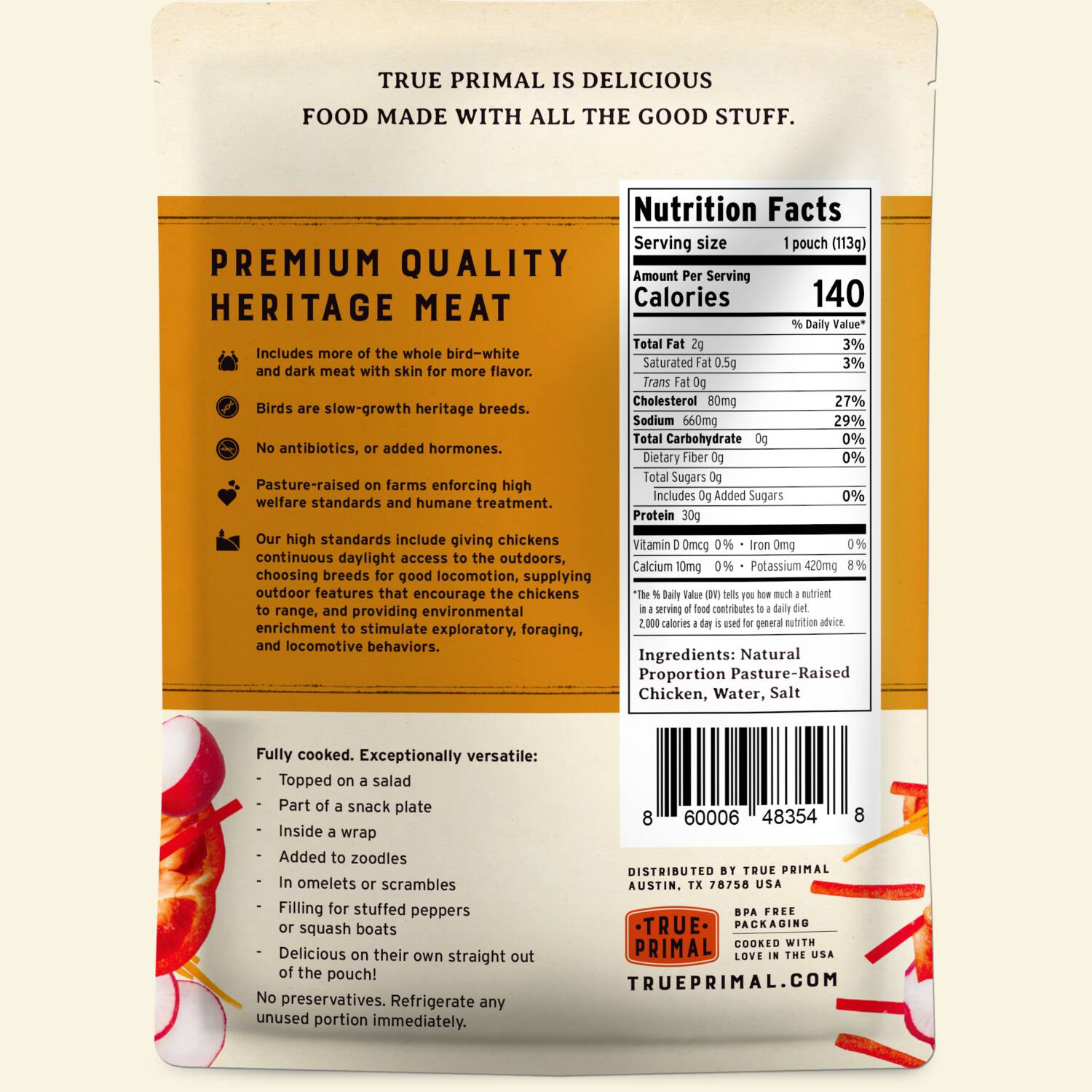 True Primal Pastured Chicken Mini Meatballs in pouch, back