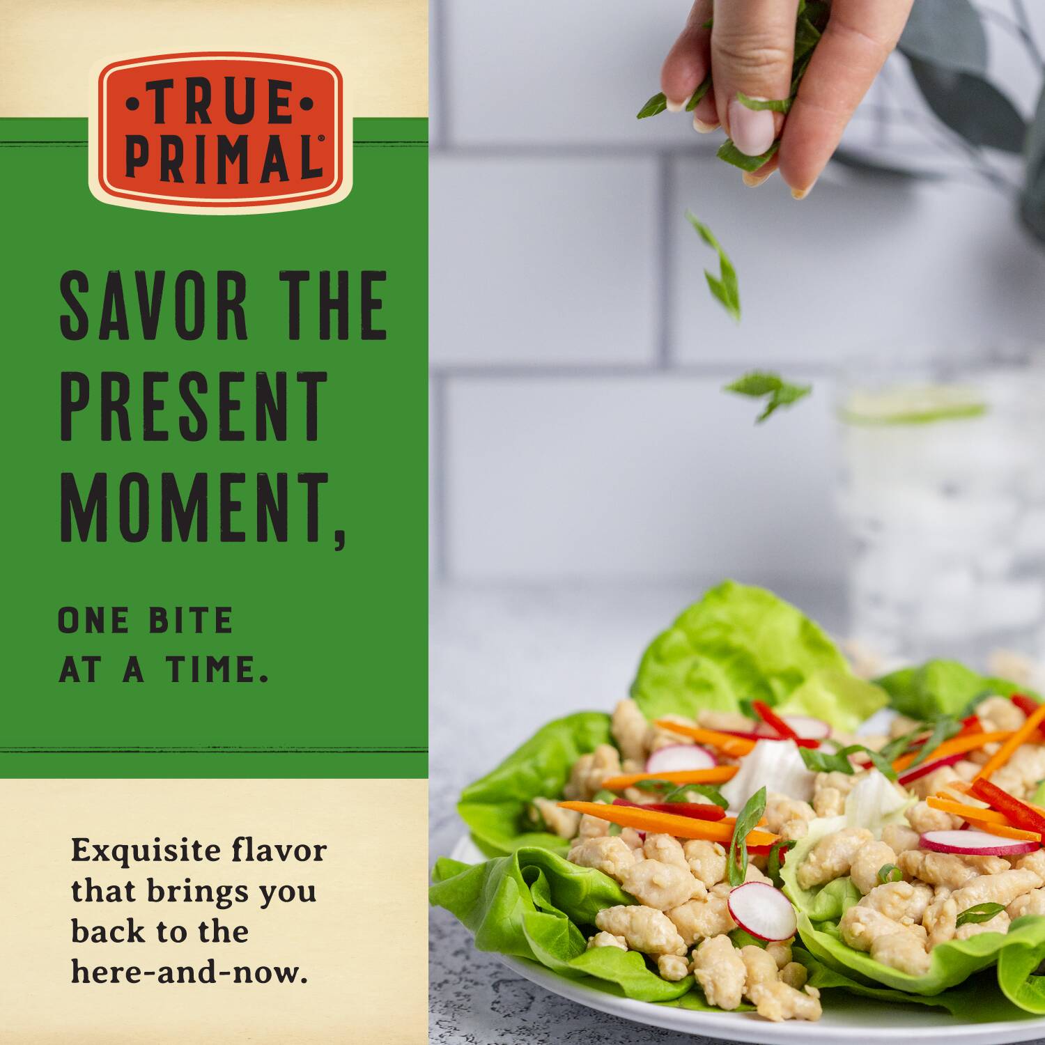 sprinkling chives onto lettuce wraps, with text: Savor the present moment, one bite at a time. Exquisite flavor that brings you back to the here-and-now