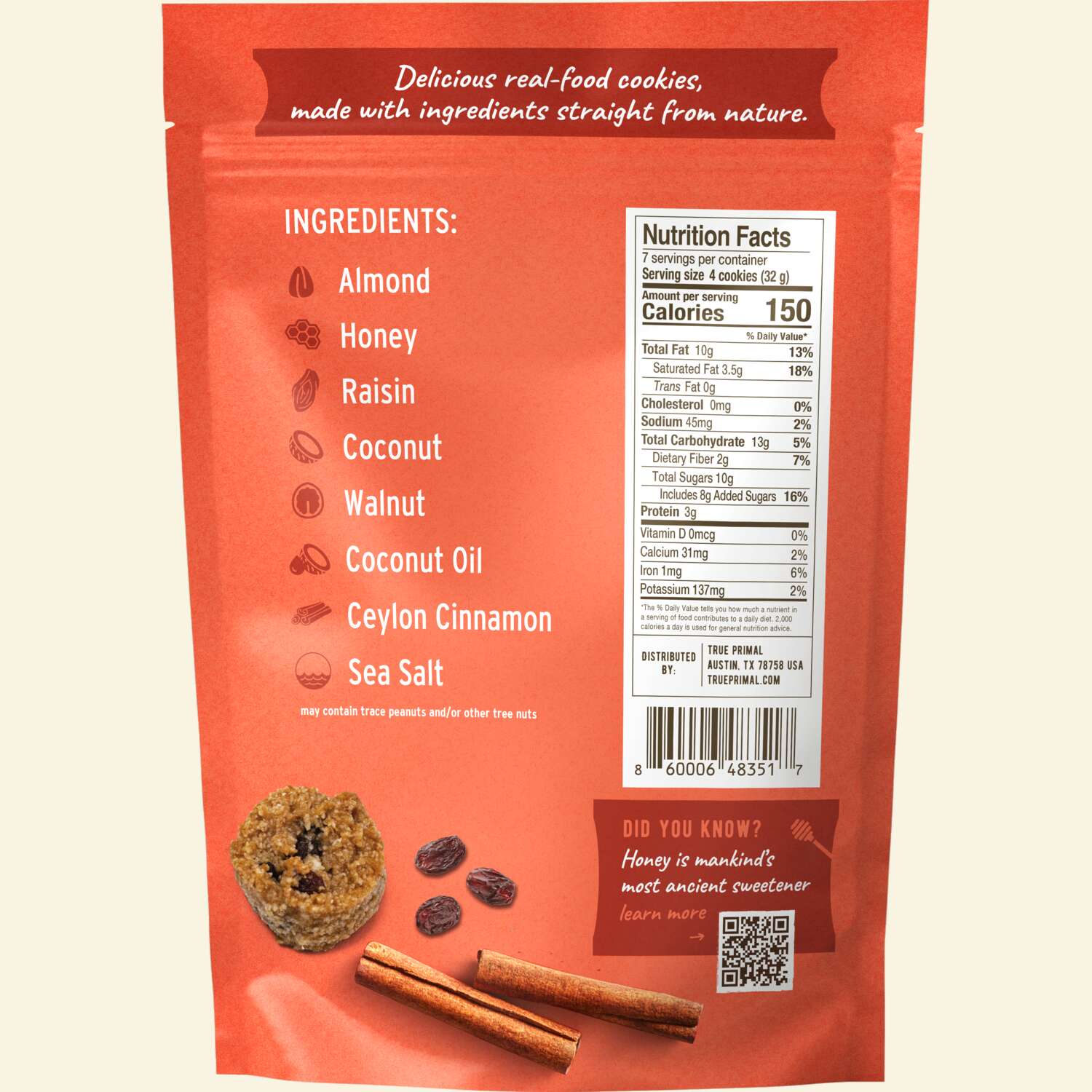 Ona Cinnamon Raisin Cookies in pouch, back