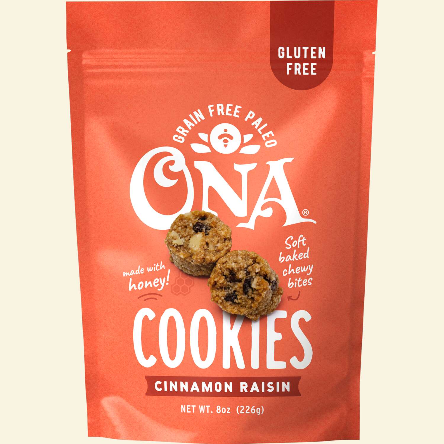 Ona Cinnamon Raisin Cookies in pouch, front