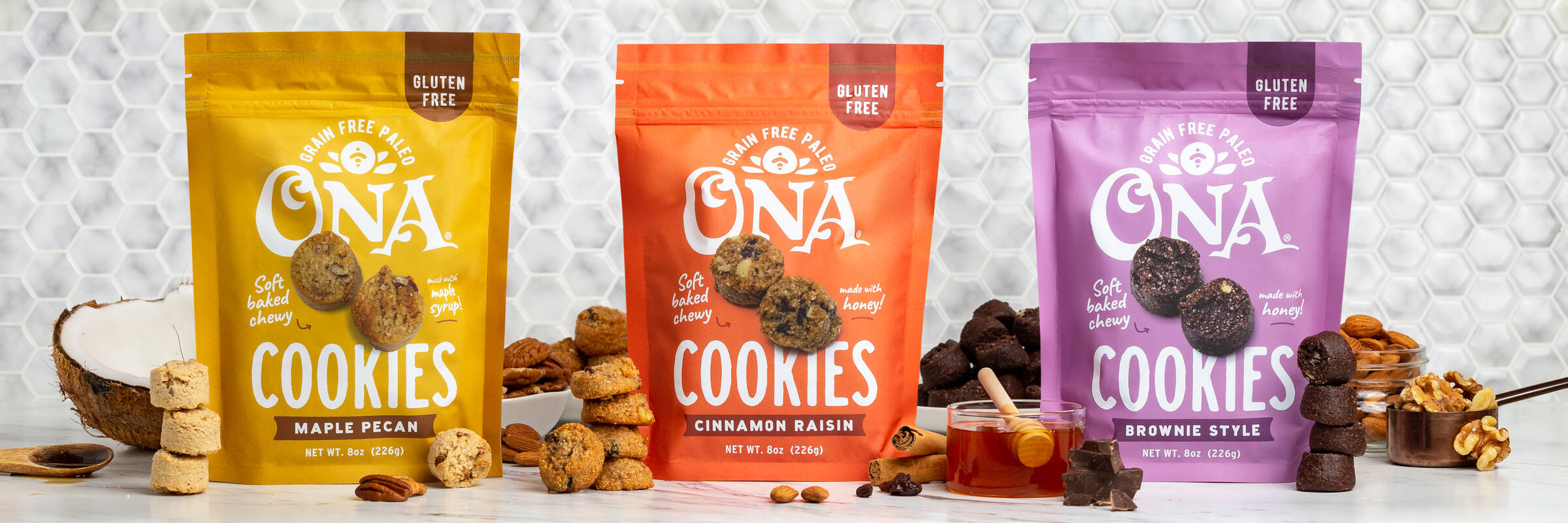 Ona Maple Pecan Cinnamon Raisin and Brownie Style Cookies with ingredients