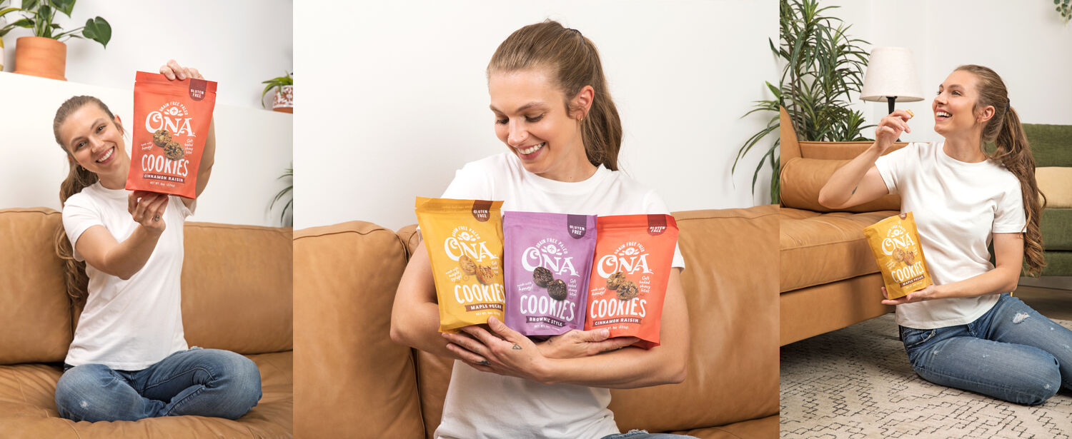 three photos of a woman holding Ona cookie pouches