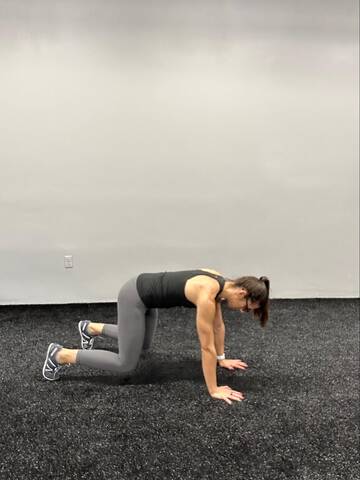 Woman in a quadruped position. Arms straight with hands under the shoulders, knees bent under the hips, knees are in a hover 2-3 inches off the ground and toes also on the ground.